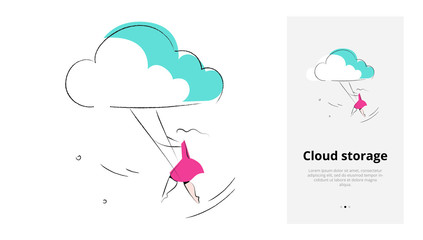 Product category. Vector illustration of a cloud storage. A woman holding a wrench near cogwheels. Isolated vector illustration in modern minimal style. Mobile app onboarding screen.