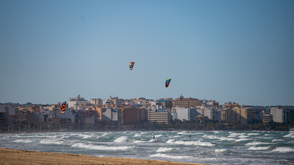 PALMA DE MALLORCA, SPAIN - MAY 11 2020 : Kite Surfer enjoy the Playa de Palma  at  - Mallorca during Corona Lock down  on May 11, 2020 in Palma de Mallorca, .