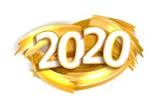 Happy New Year Banner with Gold 2020 Numbers on white Background with paint gold brush splash with sparkles and Streamers. Vector illustration.