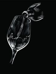 Full glass of wine  chalk drink vector isolated on black background. Concept for logo, cards, print, icon 