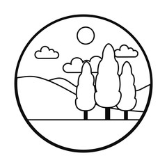 Trees, mountains and sun landscape, line style