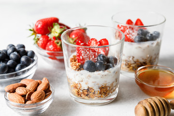 Granola parfait with oat cereal, fresh berries and greek yogurt