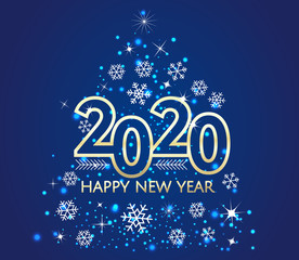 Happy New Year 2020 blue gold line design spark snowflake with glitter and sparkle firework shining white blue vector illustration. EPS 10