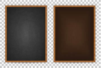 Blackboard for design menu cafe, restaurant, canteen. Realistic blank black chalkboard in wooden frame for pizza, drink, coffee, meal, beer, burger. Empty board isolated on whit background. Vector © Omeris