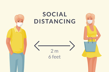 Man and woman wearing masks and maintain social distancing vector flat cartoon illustration.