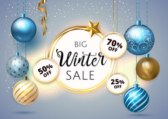 Christmas sale winter background with blue and golden Christmas balls and snow for Xmas design. Vector illustration