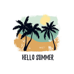 Obraz premium Hello summer design with abstract beach scenery with hand drawn elements. Vector illustration