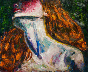 Fototapeta na wymiar original oil painting on canvas for background or concept. beautiful woman. Long neck . sensual red-haired girl