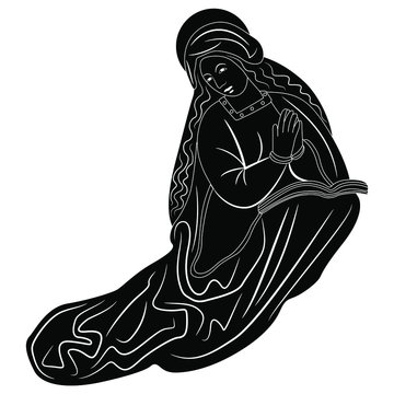 recommend clip art: Isolated vector illustration. Sitting Madonna. Praying Virgin Mary. Christian female saint. Black and white silhouette.