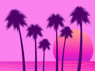 Fototapeta na wymiar 80s retro sci-fi palm trees on a sunset. Retro futuristic sun with palm trees. Summer time. Synthwave and retrowave style. Vector illustration