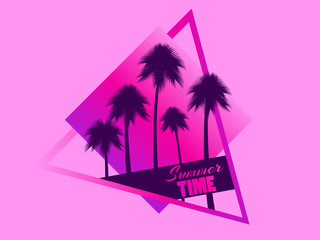 80s retro sci-fi palm trees on pink background. Retro futuristic cube with palm trees. Summer time. Synthwave and retrowave style. Vector illustration