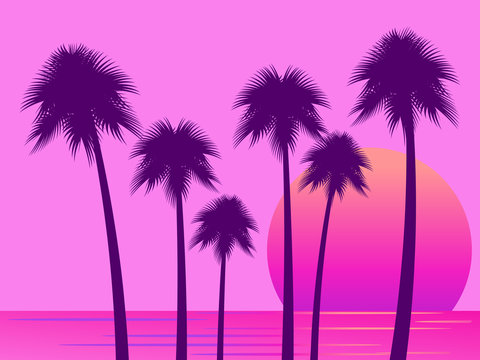 80s retro sci-fi palm trees on a sunset. Retro futuristic sun with palm trees. Summer time. Synthwave and retrowave style. Vector illustration