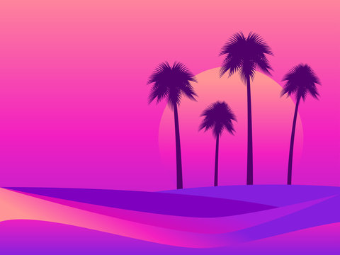 Tropical landscape with palm trees on a background of sea sunset. Colorful gradients in the style of the 80s. Retro futuristic style. Background for advertising, poster and banner. Vector illustration