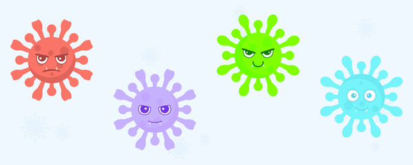 Fototapeta na wymiar Coronavirus vector set of facial expressions, colored in red, blue end green covid-19 emotions on light background. Set from the viral bacteria and microbes with eyes and mouth. Vector illustration.