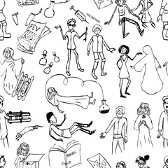 Seamless background from doodles of sick people and their treatment