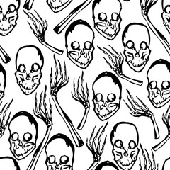 Seamless background of sketches human skulls and hands bones