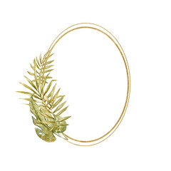 Hand painted boho style frames with place for your text. Dry tropical leaves, golden frame isolated on white. Perfect for wedding invitations, greeting cards, posters print, magazine, blog. Cozy style