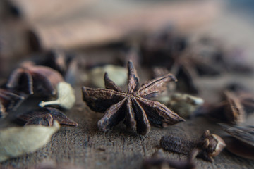Close up of a star anise on a wooden table surrounded by cardamom, cloves and cinnamon