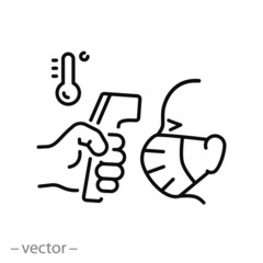 Fototapeta premium measurement body temperature icon, thermometer in a hand with head in a mask, check fever, thin line web symbol on white background - editable stroke vector illustration eps10
