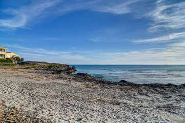 PALMA DE MALLORCA, SPAIN - MAY 3 2020 : Beach of Ses Covetes  at  - Mallorca during Corona Lock down  on May 3, 2020 in Palma de Mallorca, .