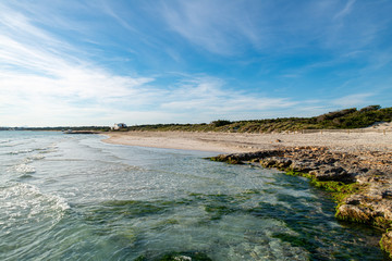 PALMA DE MALLORCA, SPAIN - MAY 3 2020 : beach of Ses Covetes  at  - Mallorca during Corona Lock down  on May 3, 2020 in Palma de Mallorca, .