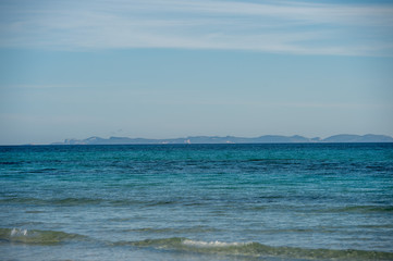 PALMA DE MALLORCA, SPAIN - MAY 3 2020 : beach of Ses Covetes  at  - Mallorca during Corona Lock down  on May 3, 2020 in Palma de Mallorca, .