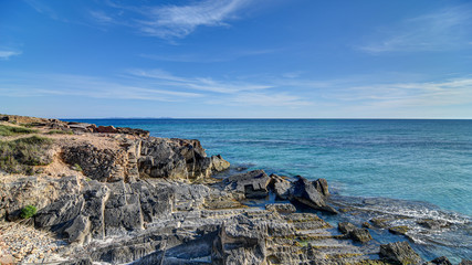 PALMA DE MALLORCA, SPAIN - MAY 3 2020 : Beach of Ses Covetes  at  - Mallorca during Corona Lock down  on May 3, 2020 in Palma de Mallorca, .