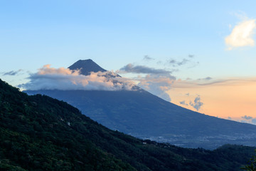 volcano during sunset at antigua guatemala