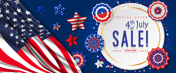 Banner for 4th of July Sale design. Independence day sale with 3d percent symbol. Vector illustration for business promotion.