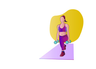 A girl is doing sport at home and stretching with yoga exercises. Vector flat illustration of fitness workout, training, sports activity, the gym at home in quarantine