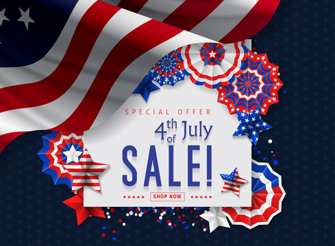 Banner for 4th of July Sale design. Independence day sale with 3d percent symbol. Vector illustration for business promotion.