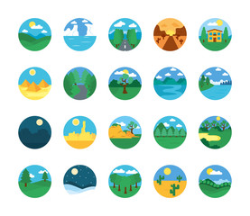 valley and Landscapes icon set, flat style