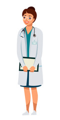 Fototapeta premium Female doctor flat vector character. Nurse, medic on white background. Therapist, physician, specialist isolated clipart. Hospital, medical clinic worker holding patient card and stethoscope.