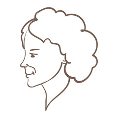 Smiling woman face with short curly hair in profile. Hand drawn line illustration on white background
