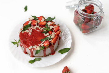 Vegan, raw food cakes with strawberries. Vegan concept.
