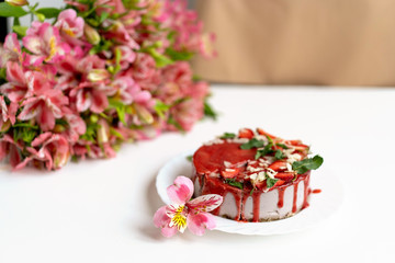 Vegan, raw food cakes with strawberries. Vegan concept.