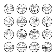 Trees and landscapes icon set, line style