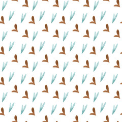 Cute brown and turquoise hearts on a white background. Textural seamless square pattern. Print for fabrics, cards, textiles, wrapping paper, banners, packaging, covers, wallpapers.