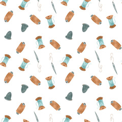 Cute brown and turquoise threads, needle on a white background. Textural seamless square pattern. Print for fabrics, cards, textiles, wrapping paper, banners, packaging, covers, wallpapers