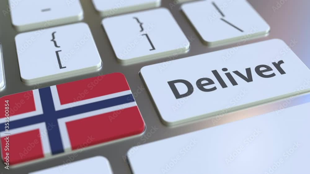Aufkleber deliver text and flag of norway on the computer keyboard. logistics related 3d animation