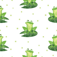 Cute watercolor frog pattern. Seamless vector background.