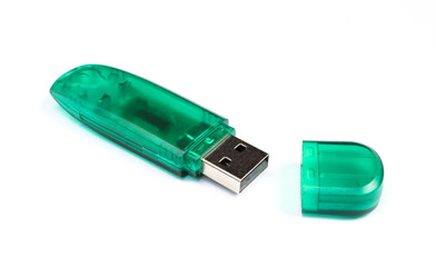 Green usb stick isolated on white background. Removable flash drive