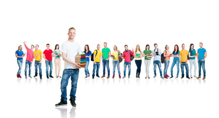 Fototapeta premium Large group of teenage students isolated on white background. Many different people standing together. School, education, college, university.