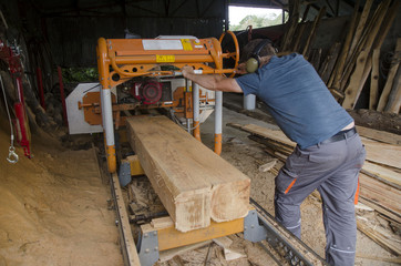 man operates a log band saw