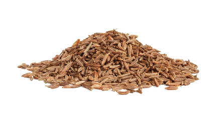 Pile of brown Cumin seeds isolated on white background. Aromatic caraway spice