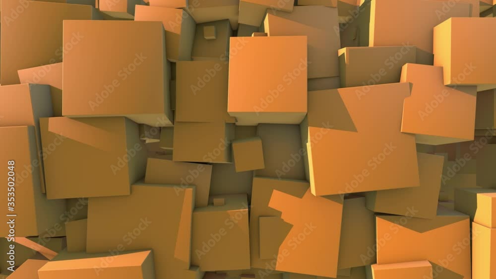 Poster 3d animation of a yellow geometric background of many cubes of different sizes that appear and merge