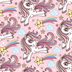 Seamless pattern with unicorn in the sky on a pink background. Vector