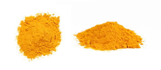 Obraz premium Turmeric powder shot from two angles isolated on white background. Indian curcuma spice