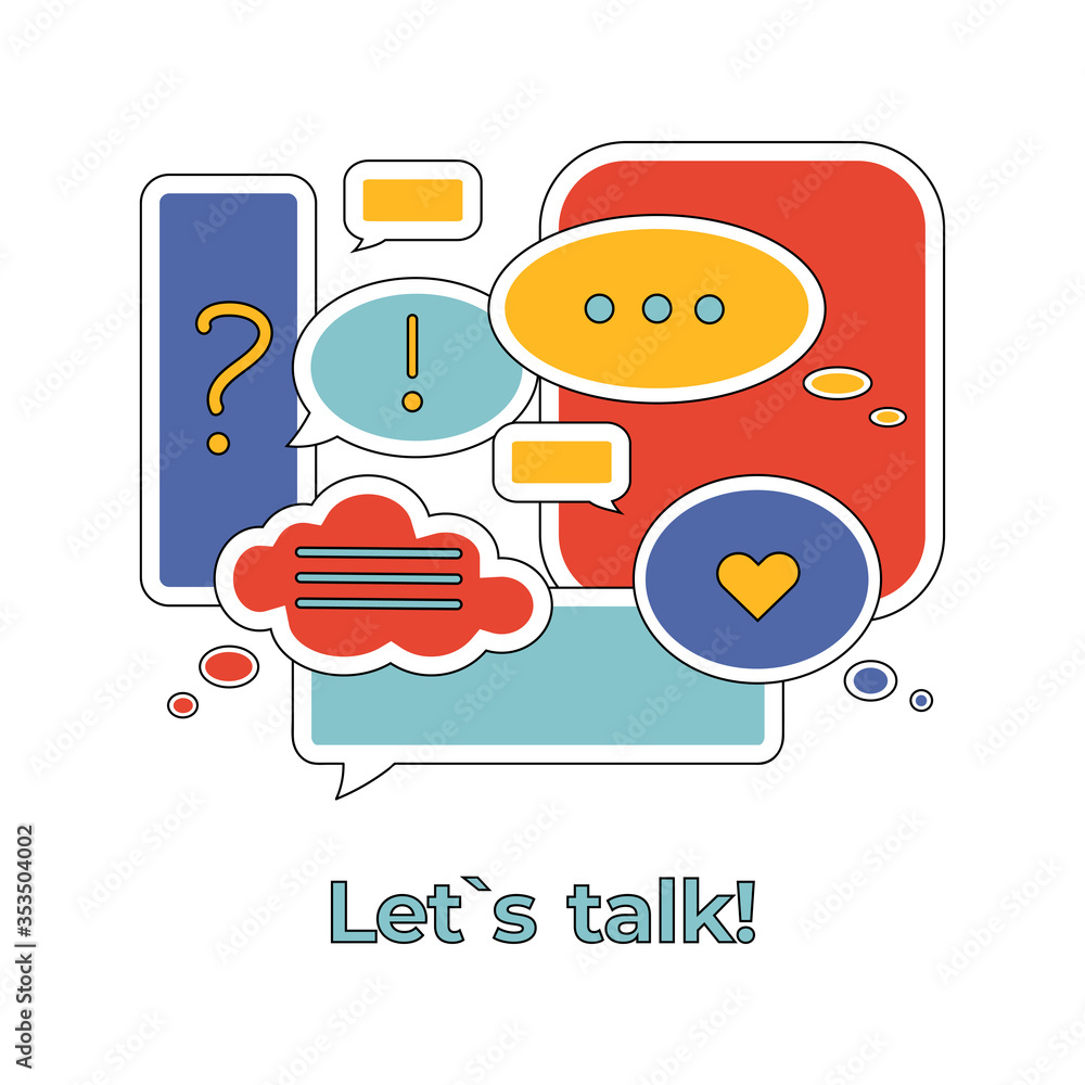 Poster vector illustration of colorful dialog speech bubbles and text let's talk on white background