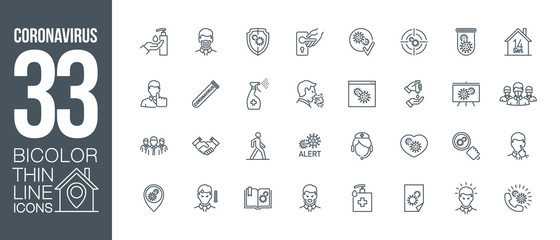 Prevention and symptoms Coronavirus Covid 19 line icons set isolated on white. Perfect outline health medicine symbols pandemic banner. Quality design elements virus treatment with editable Stroke